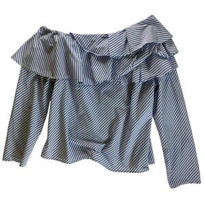 Gap XL Off-The-Shoulder Blue & White Striped Ruffle Blouse 100% Cotton Eighties